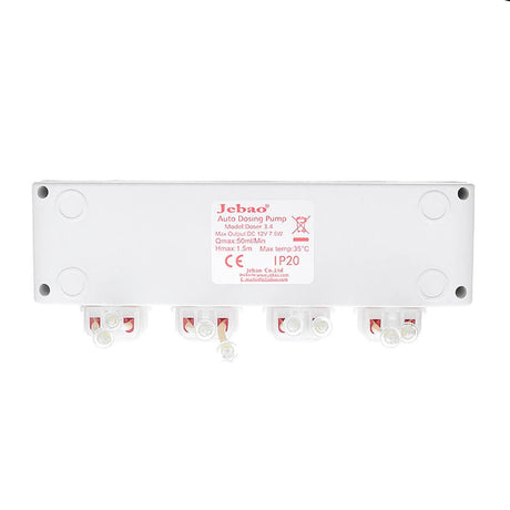Jebao 3.4 WiFi dosing pump top view showing connectors and specifications for auto dosing functionality.