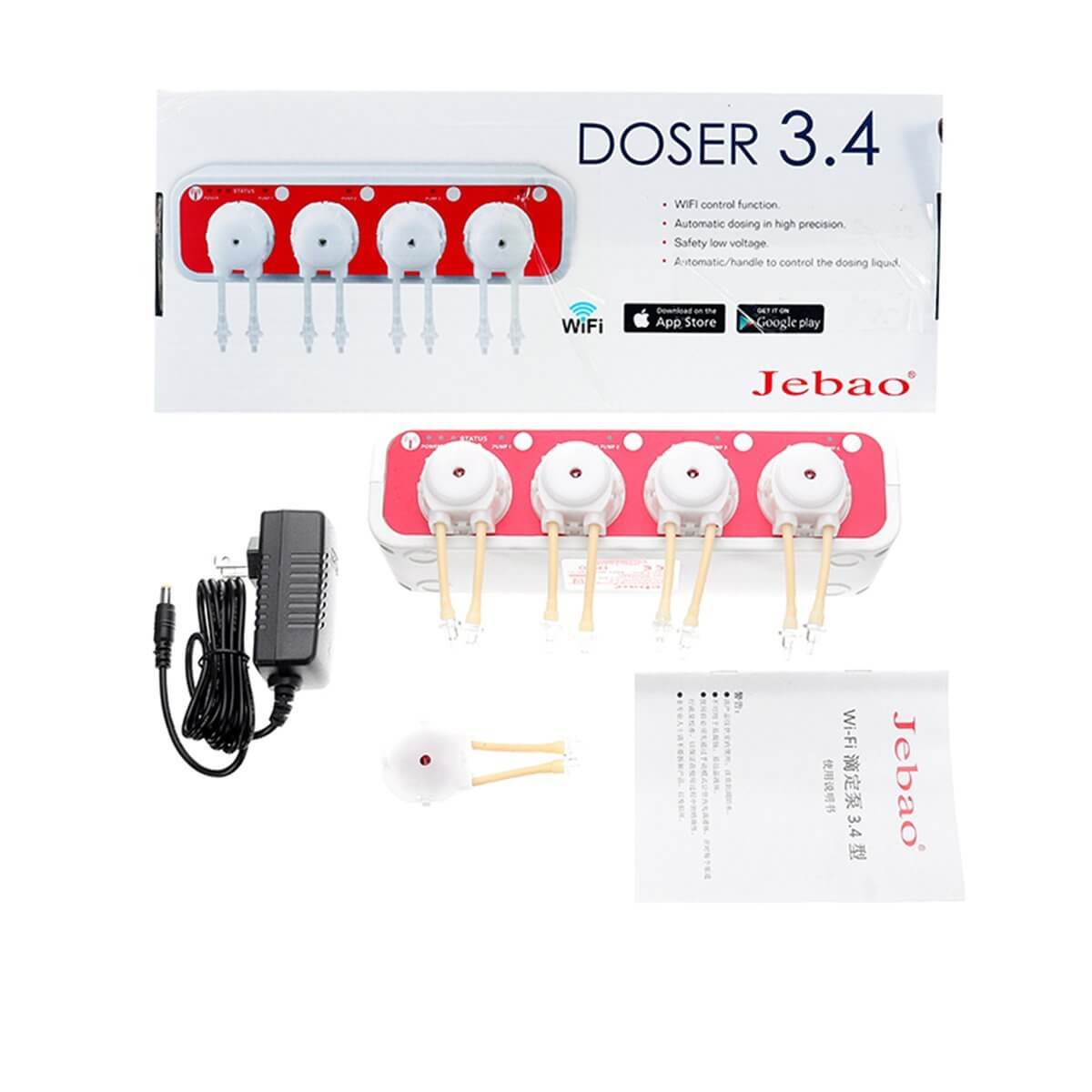 Jebao 3.4 WiFi dosing pump with four dosing heads, power adapter, and user manual in a compact design.