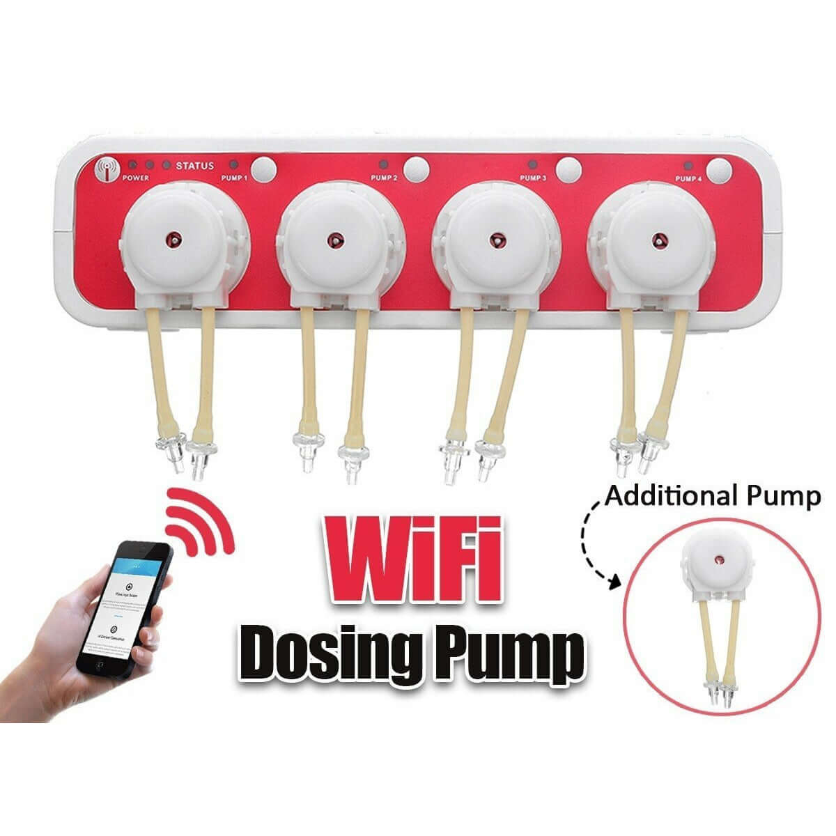 Jebao 3.4 WiFi dosing pump with smartphone control, featuring four pump heads for precise additive dosing.