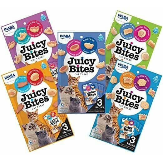 Juicy Bites Cat Treats 3 Pack featuring various flavors and cute packaging for moist tuna and chicken treats.