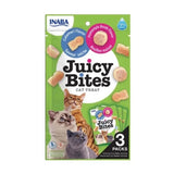 Juicy Bites Cat Treats 3 Pack with tuna and chicken flavors, soft bite-sized treats for cats, featuring playful cat graphics.