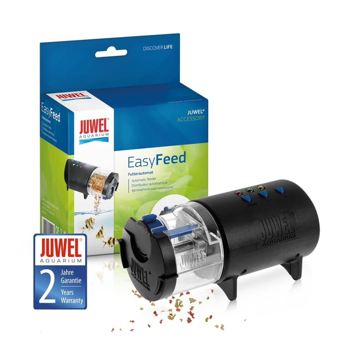 Juwel Automatic EasyFeed Feeder with packaging, featuring adjustable feed container and warranty information.
