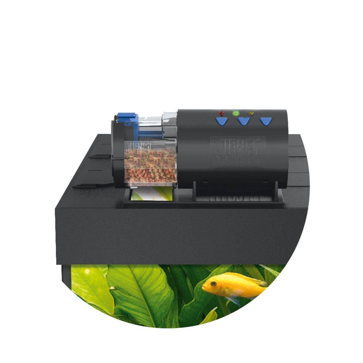 Juwel Automatic EasyFeed Feeder set up on aquarium, showing adjustable feed container and control buttons for easy operation.