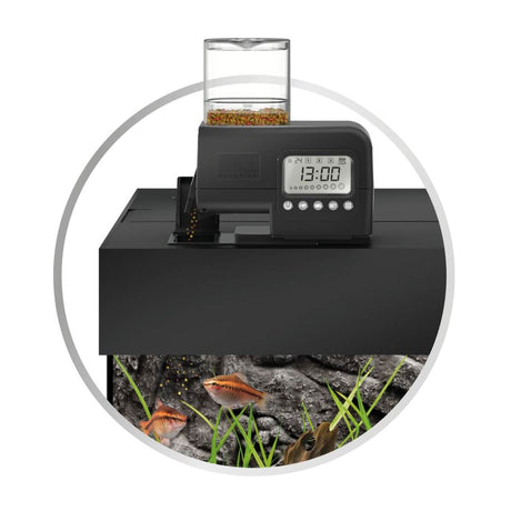 Juwel SmartFeed 2.0 Premium Feeder mounted on aquarium, showcasing timer and food dispenser functionality.