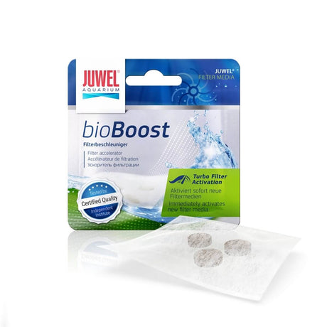 Juwel bioBoost Filter Accelerator packaging for turbo filter activation in aquariums, promoting clear water and healthy fish.