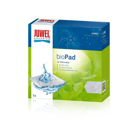 Juwel bioPad Poly Pad packaging for aquarium filter, featuring water splash and five filter floss included.
