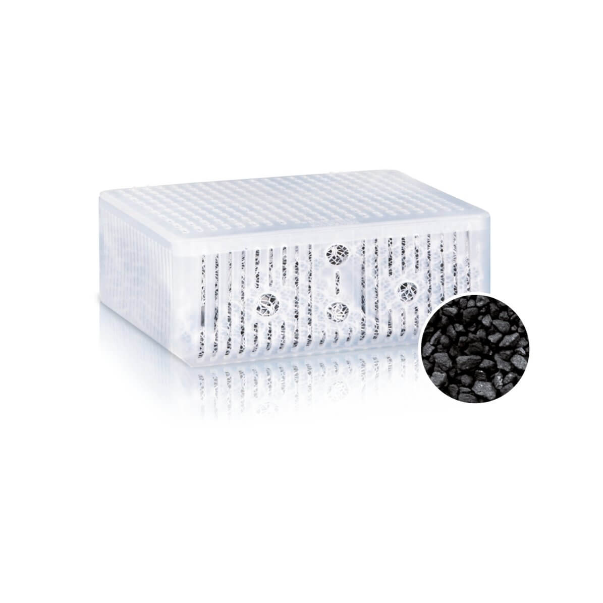 Juwel Carbax active coal filter medium in a transparent container, designed for effective aquarium water purification.