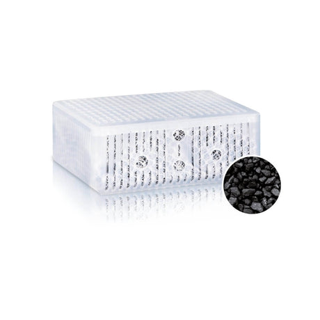Juwel Carbax active coal filter medium in a transparent container, designed for effective aquarium water purification.