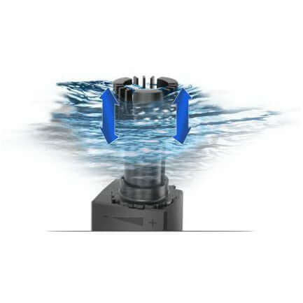 Juwel EccoSkim Surface Skimmer illustration showing adjustable surface skimming action in water.