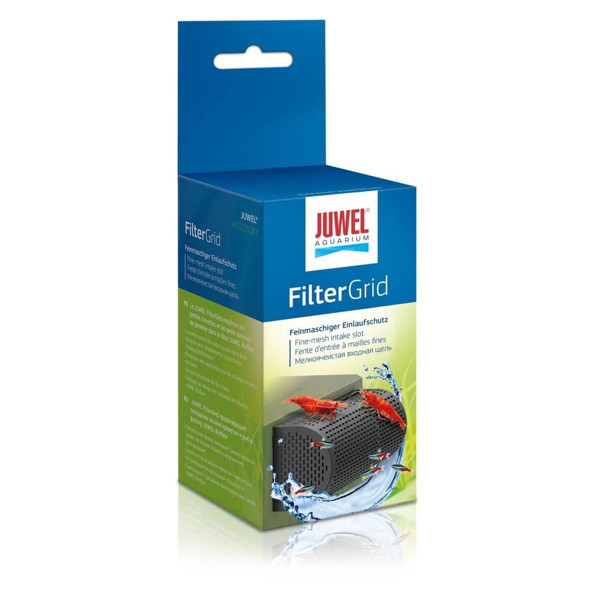 Juwel FilterGrid packaging showcasing fine-mesh intake slot designed for aquarium filter protection against small fish and shrimp.