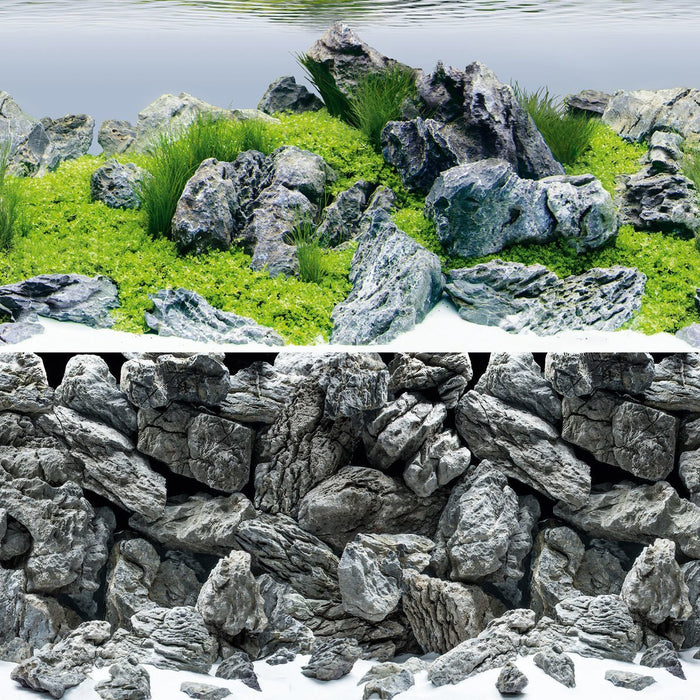 Juwel Poster 4 showcasing lush aqua and realistic rock structures for aquarium decor. Ideal for creating underwater landscapes.