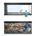 Juwel PosterFix bottle alongside an aquarium before and after film background application, ensuring bubble-free installation.