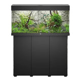Juwel Rio Aquarium and Cabinet with lush aquatic plants and elegant black cabinetry, showcasing refined craftsmanship.