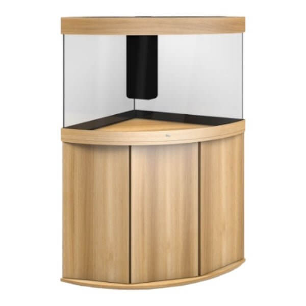 Juwel Trigon Aquarium with wooden cabinet, designed for corner placement, offering a stylish and safe aquatic display.