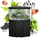 Juwel Trigon Aquarium with black cabinet, vibrant fish, and lush aquatic plants creating a decorative corner display.