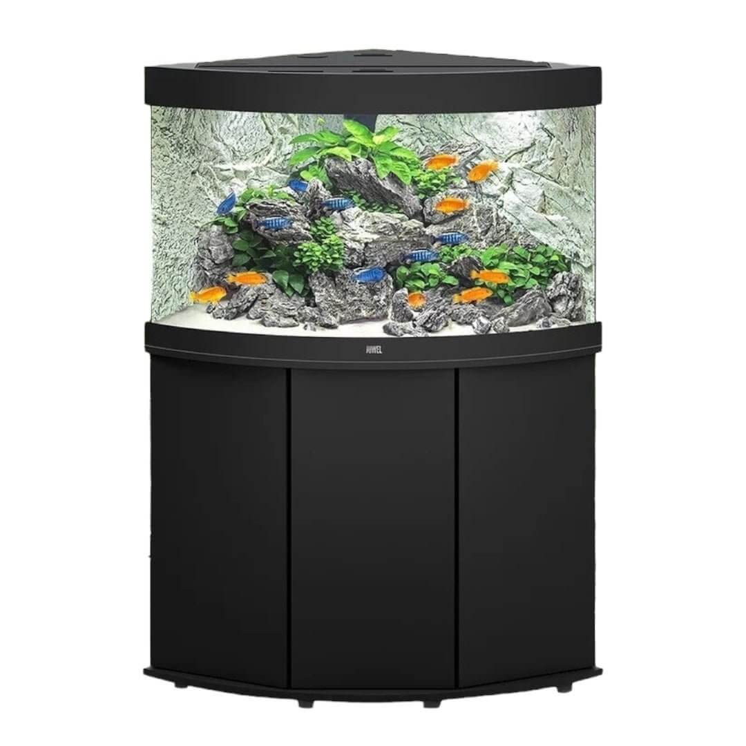 Juwel Trigon Aquarium with cabinet, featuring colorful fish and lush greenery in a stylish corner design.