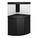 Juwel Trigon Aquarium and Cabinet in black, designed for corner placement, featuring a sleek curved design and safe base frame.