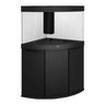 Juwel Trigon Aquarium and Cabinet in black, designed for corner placement, featuring a sleek curved design and safe base frame.
