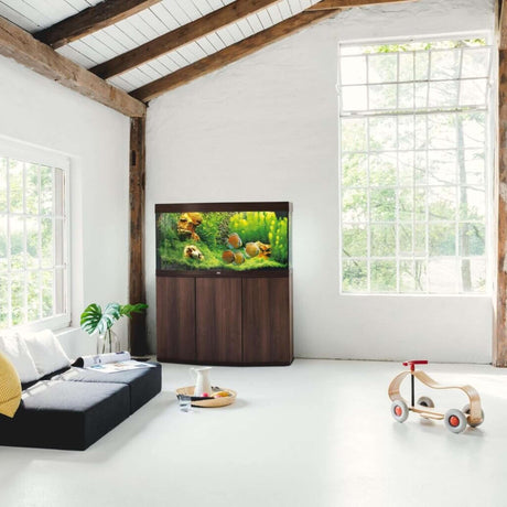 Modern living room featuring Juwel Vision Aquarium and Cabinet with vibrant fish and lush plants, enhancing the space's elegance.