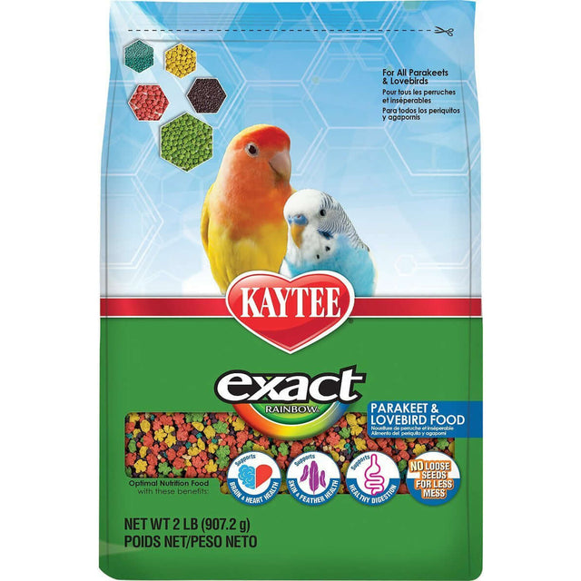 Kaytee Exact Rainbow Parakeet and Lovebird food 900g package featuring colorful pellets and images of a parakeet and lovebird.