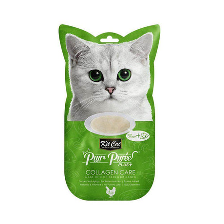 Kit Cat Purr Puree Plus+ Chicken & Collagen Care packaging featuring a cat, 4x15g, grain-free and natural cat treats.