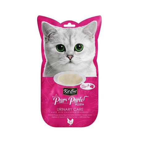Kit Cat Purr Puree Plus+ Chicken & Cranberry (Urinary Care) 4x15g cat treat packaging with a cat face design.