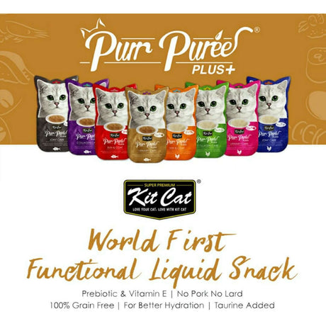 Kit Cat Purr Puree Plus+ range of functional liquid snacks with various flavors, 100% grain-free and nutritious for cats.