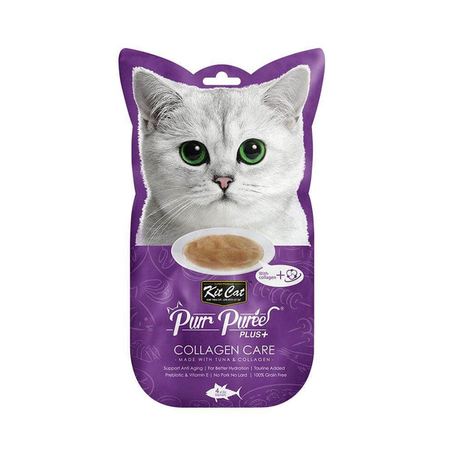 Kit Cat Purr Puree Plus+ Tuna & Collagen Care cat treats packaging, featuring a cat with a smooth tuna blend.