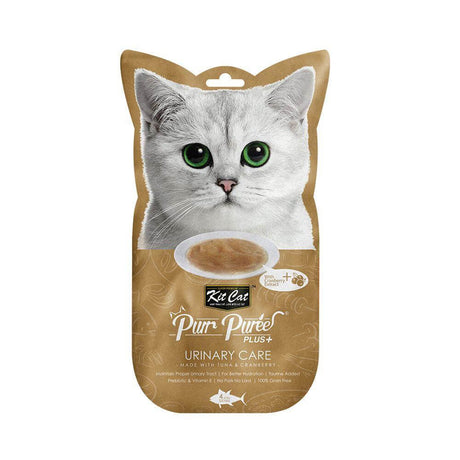 Kit Cat Purr Puree Plus+ Tuna & Cranberry Urinary Care cat treat pouch featuring a cat design.