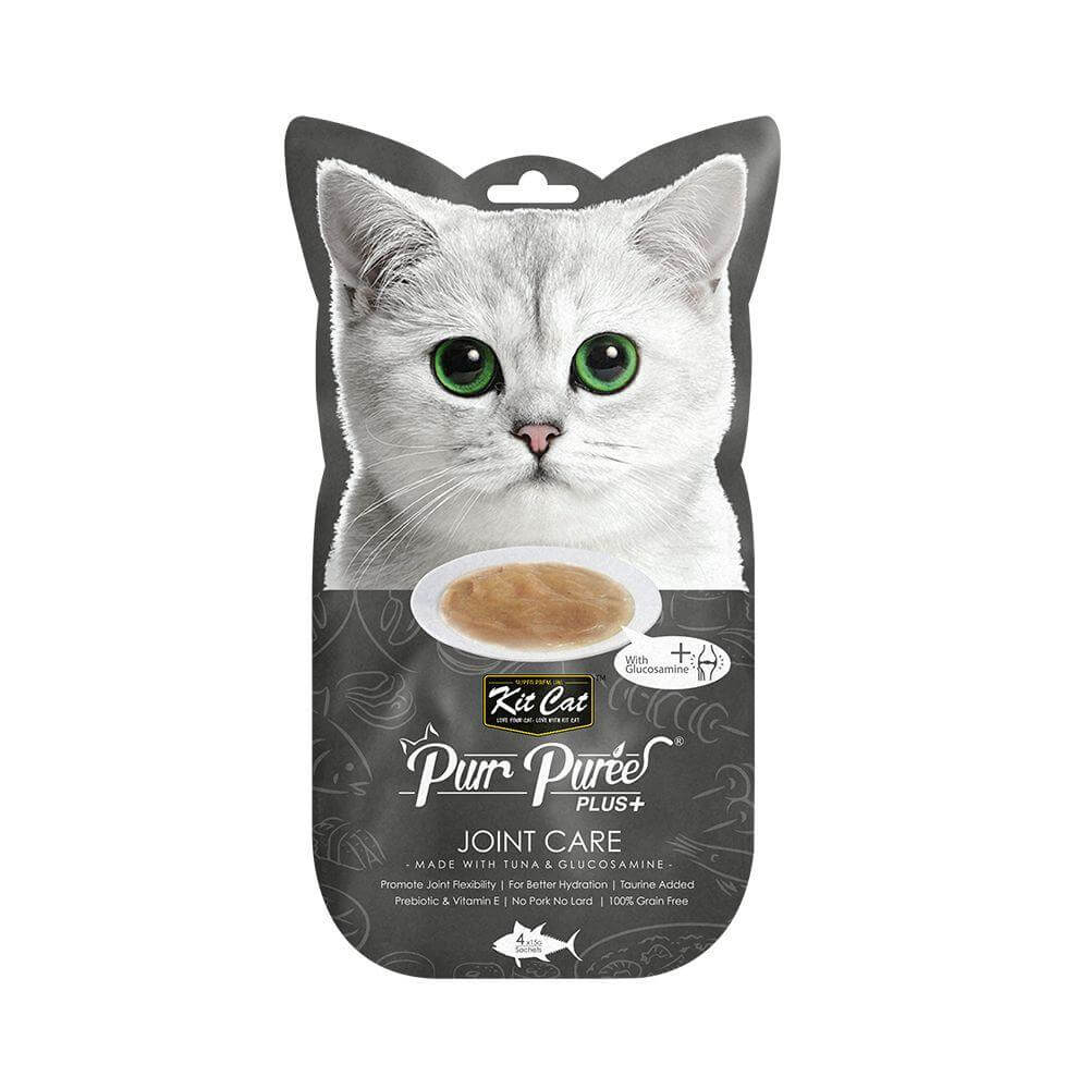 Kit Cat Purr Puree Plus+ Tuna & Glucosamine cat treats packaging for joint care, featuring a whimsical cat design.