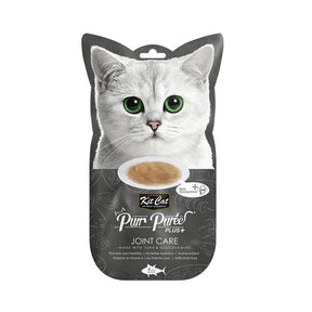 Kit Cat Purr Puree Plus+ Tuna & Glucosamine cat treats packaging for joint care, featuring a whimsical cat design.