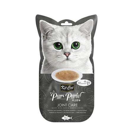 Kit Cat Purr Puree Plus+ Tuna & Glucosamine cat treats packaging for joint care, featuring a whimsical cat design.
