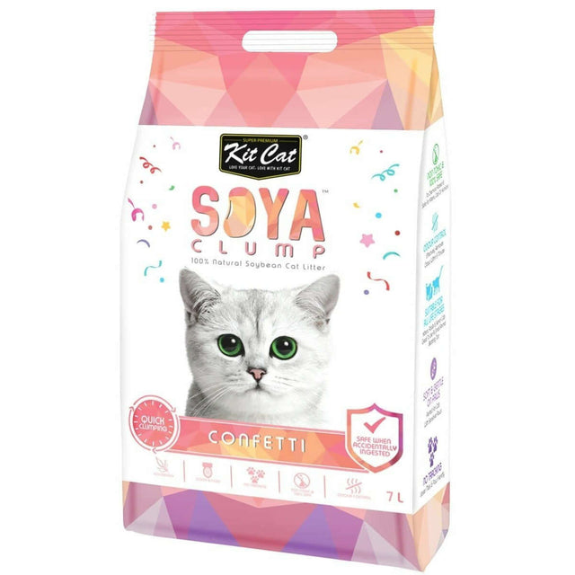 Kit Cat Soya Clumping Cat Litter 7L packaging featuring a cute cat with vibrant confetti design, eco-friendly and natural.