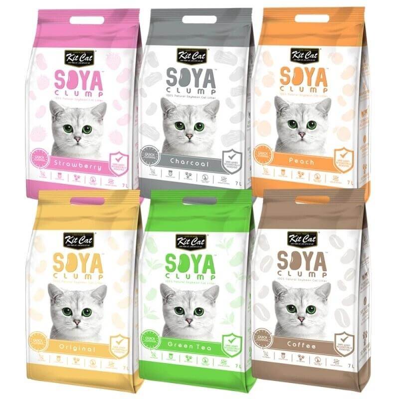 Kit Cat Soya Clumping Cat Litter varieties including Strawberry, Charcoal, Peach, Original, Green Tea, and Coffee in colorful packaging.
