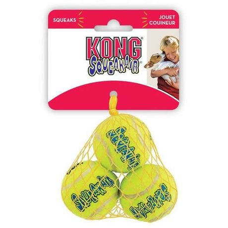 Kong Airdog SqueakAir Tennis Balls in packaging, featuring three yellow squeaky balls for dog play and fetch.