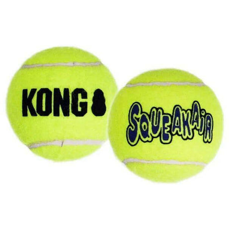 Kong Airdog SqueakAir Tennis Balls featuring bright yellow design, safe for dogs to chew and enjoy while playing fetch.