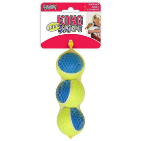KONG Airdog SqueakAir Ultra Tennis Balls in packaging, featuring three colorful squeaky balls for dogs.
