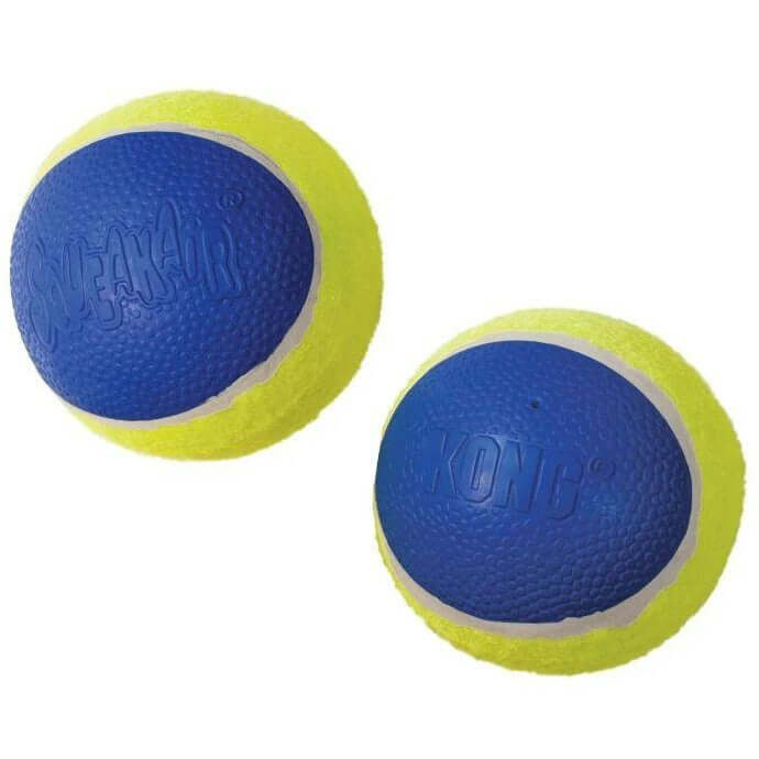 KONG Airdog SqueakAir Ultra Tennis Balls in blue and yellow, ideal for durable dog play and fetch games.