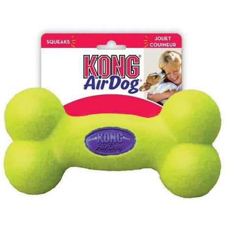 KONG AirDog Squeaker Bone in bright green for dogs, combines tennis ball and squeaker for fun fetch playtime.