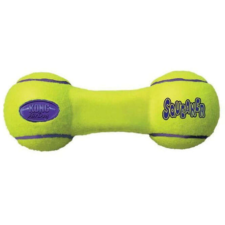 Kong Airdog Squeaker Dumbbell in bright yellow, perfect for fetching, squeaking, and floating during playtime.
