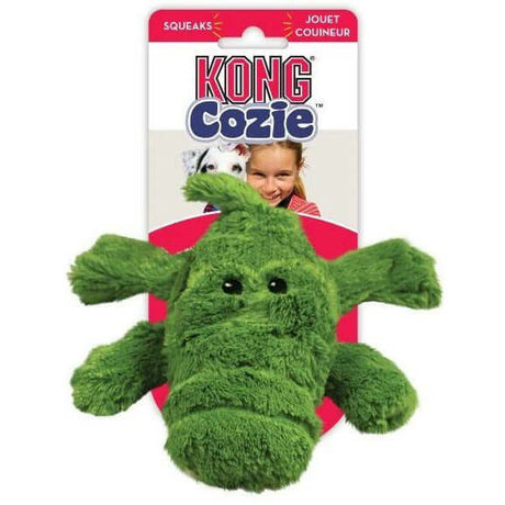 KONG Cozie Plush Dog Toy Ali Alligator, soft green toy perfect for fetching and cuddling, featuring squeaker for added fun.