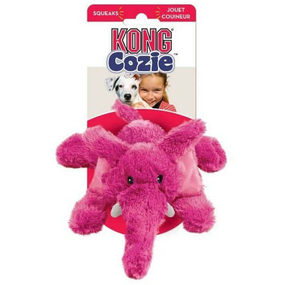 KONG Cozie Plush Elmer Elephant dog toy with pink exterior and squeaker, perfect for cuddling and fetch games.