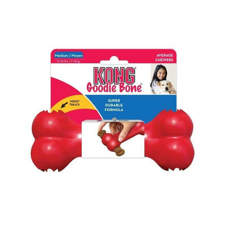 KONG Goodie Bone Chew Toy in packaging, designed for durable chewing and treat insertion, perfect for average chewers.