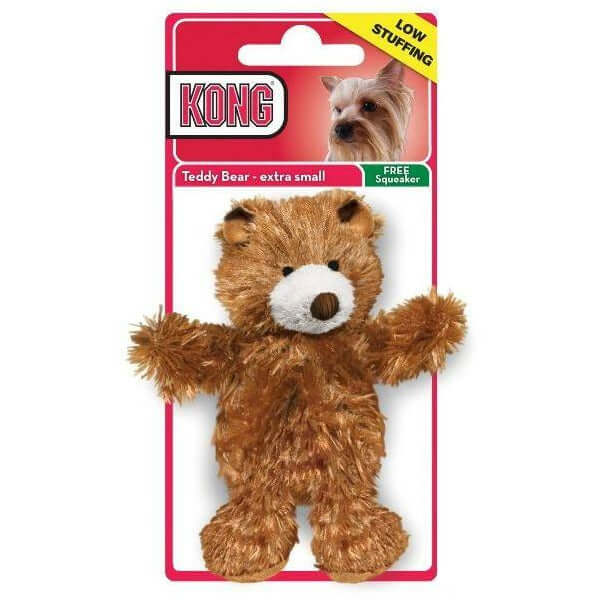 KONG Plush Brown Teddy Bear with squeaker, extra small dog toy in packaging, low stuffing for playful fun.