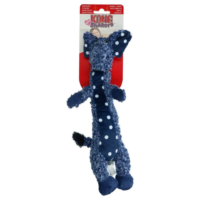 Kong Shakers Luvs Elephant dog toy in blue polka dots, featuring a plush body and squeaker for playful fun.