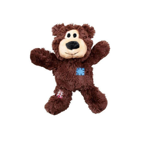 KONG Wild Knots Plush Bear Toy with soft fur, knotted rope, and squeaker, perfect for dogs to cuddle and play.