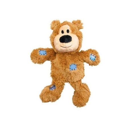 KONG Wild Knots Plush Bear Toy with a soft body, knotted rope skeleton, and squeaker for dogs' playtime enjoyment.