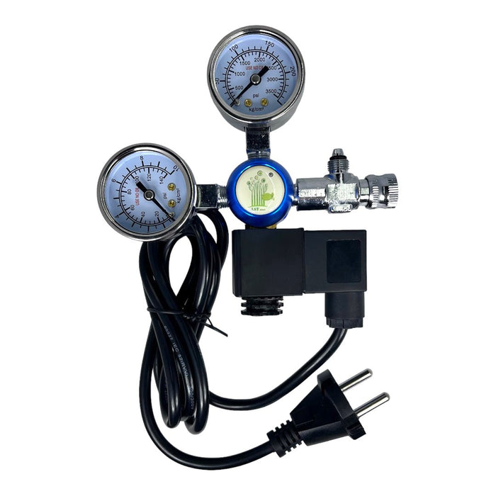 LST CO2 regulator with dual gauges, check valve, and magnetic solenoid for aquarium CO2 management.