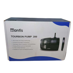 Mantis Tourbon Wave Maker Pump packaging showcasing ultra-quiet technology, adjustable wave frequency, and suitability for aquariums.