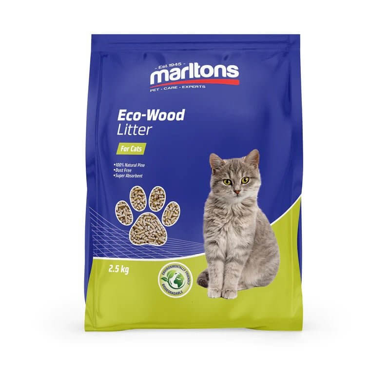 Marltons Eco Cat Litter Pellets bag featuring a cat, highlighting 100% natural wood, biodegradable, and highly absorbent features.